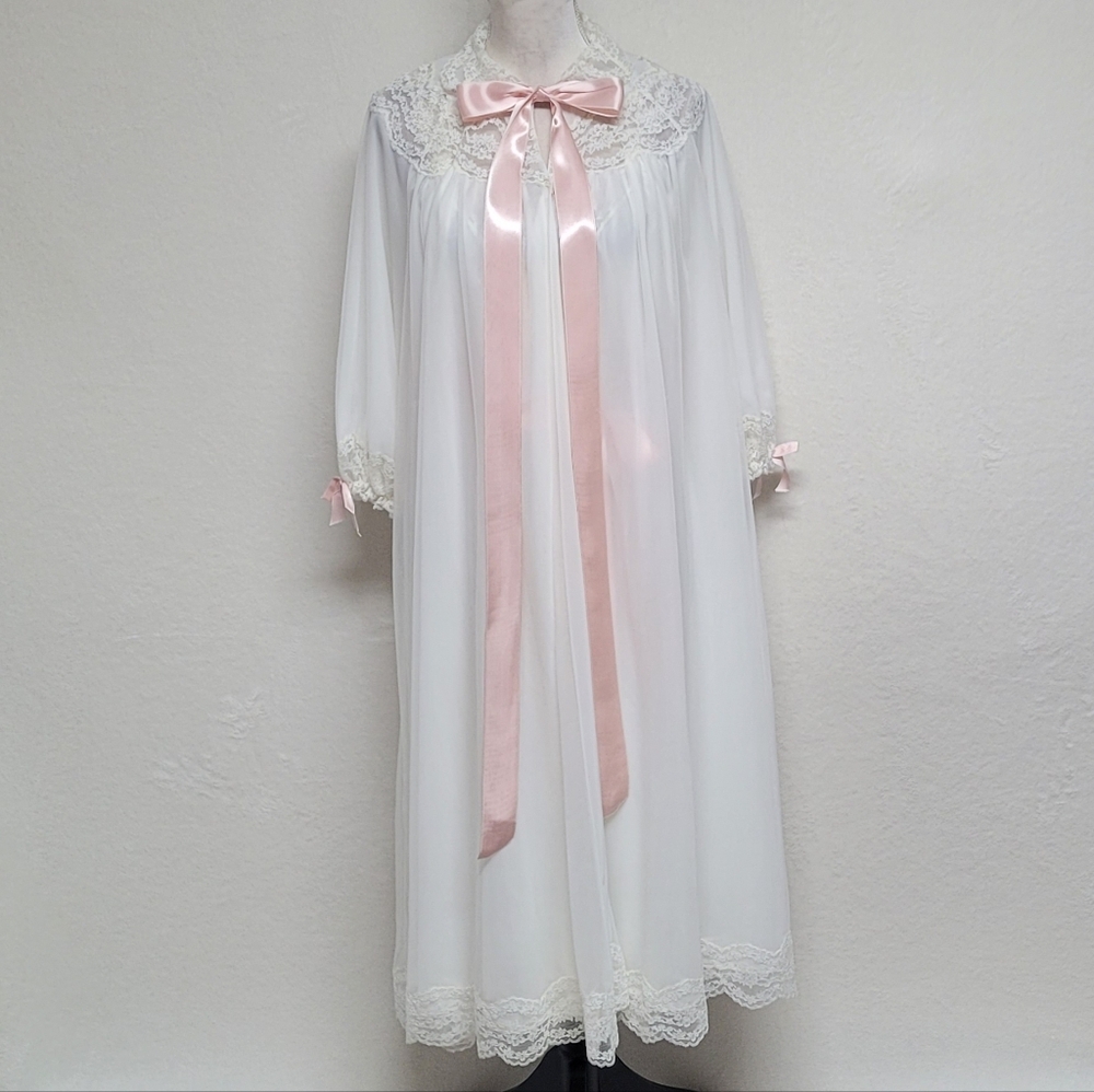 Lady Leonora Rare Vintage 40s White Chiffon Pink Satin Lace Peignoir Two-Piece - Picture 10 of 16
